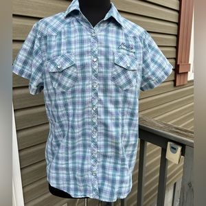 Harley Davidson Women’s Shirt size 1W short Sleeve Plaid Blue Embroidered.